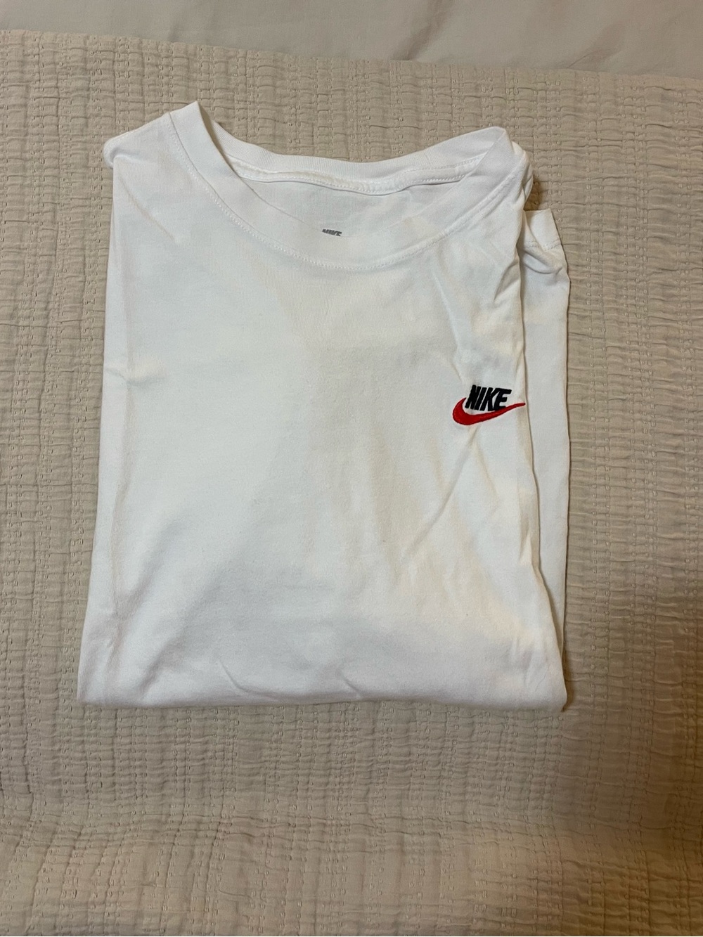 Nike White Tee with Red and Black Swoosh Chest Logo